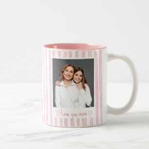 Personalized Text Photo Pink Stripes Coquette Two-Tone Coffee Mug