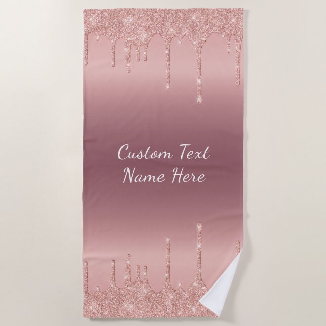 Personalized Text Rose Gold Glitter Beach Towel (Front)