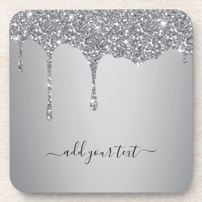 Personalized Text Silver Glitter Sparkle Drips Coaster (Front)