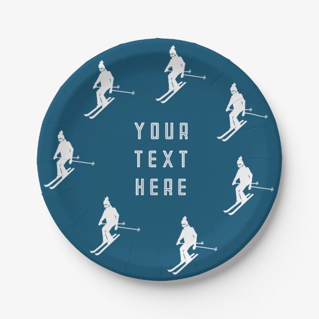 Personalized Text Skiers Skiing Ski Blue White  Paper Plate (Front)