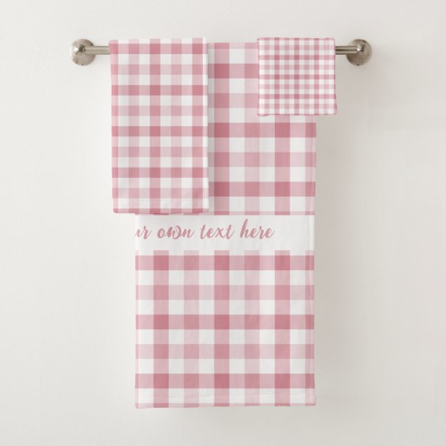 Personalized text stylish modern plaid pink tartan bath towel set (Insitu)