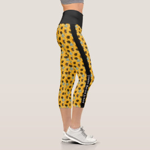Personalized Text Sunflower Floral Black Stripe Capri Leggings