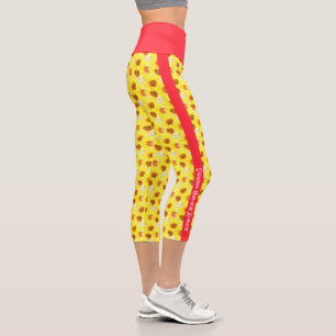 Personalized Text Sunflower Neon Coral Stripe Capri Leggings