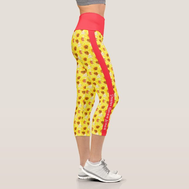 Personalized Text Sunflower Neon Coral Stripe Capri Leggings (Right)