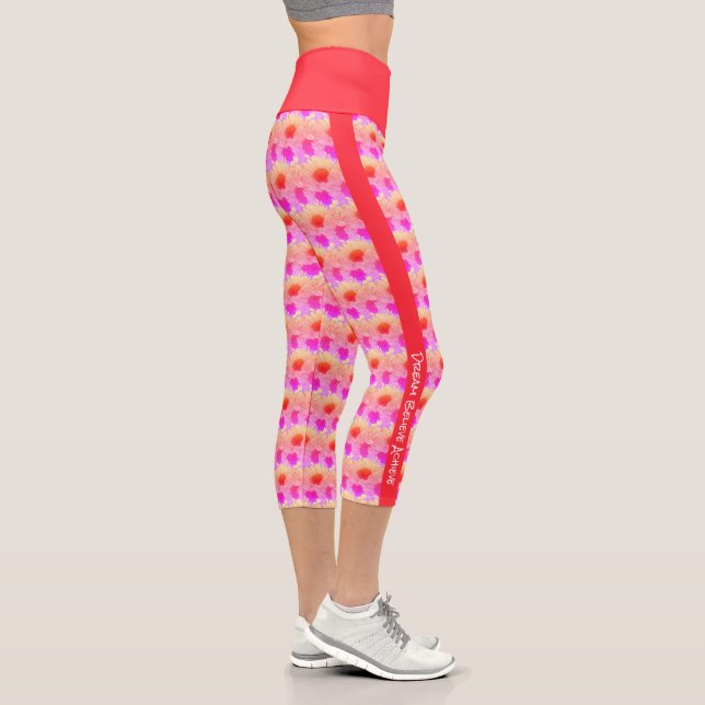 Personalized Text Sunflower Neon Pink Floral Capri Leggings (Right)