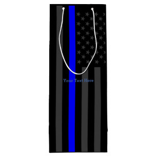 Personalized Text Thin Blue Line Grey US Flag Wine Gift Bag