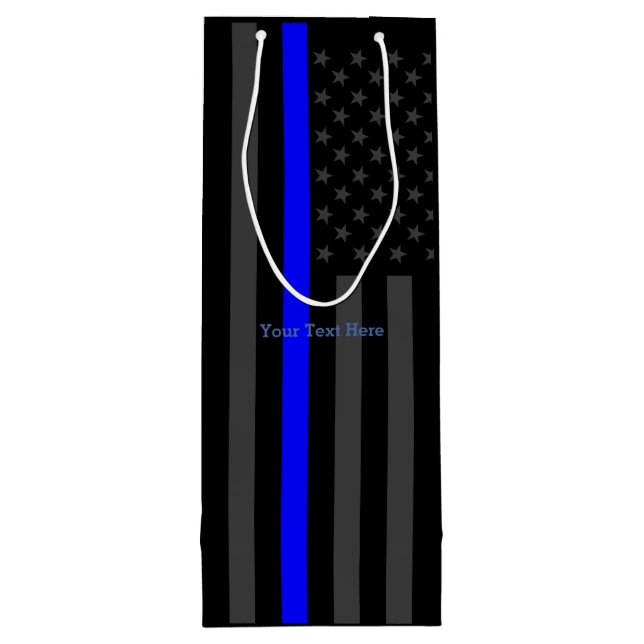 Personalized Text Thin Blue Line Grey US Flag Wine Gift Bag (Back)