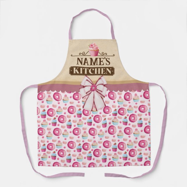 Personalized Text, Watercolor Cupcake and doughnut Apron (Front)