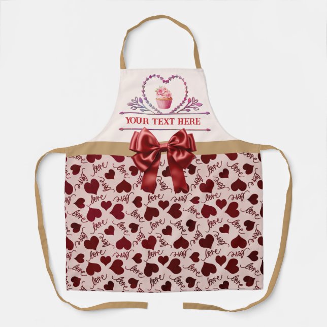 Personalized Text, Watercolor Heart and Cupcake Apron (Front)