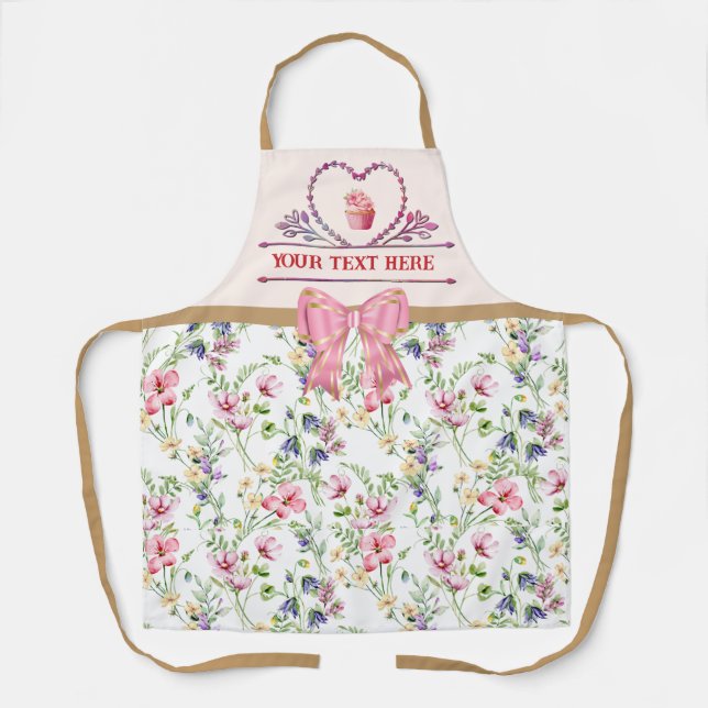 Personalized Text, Watercolor Heart and Cupcake Apron (Front)