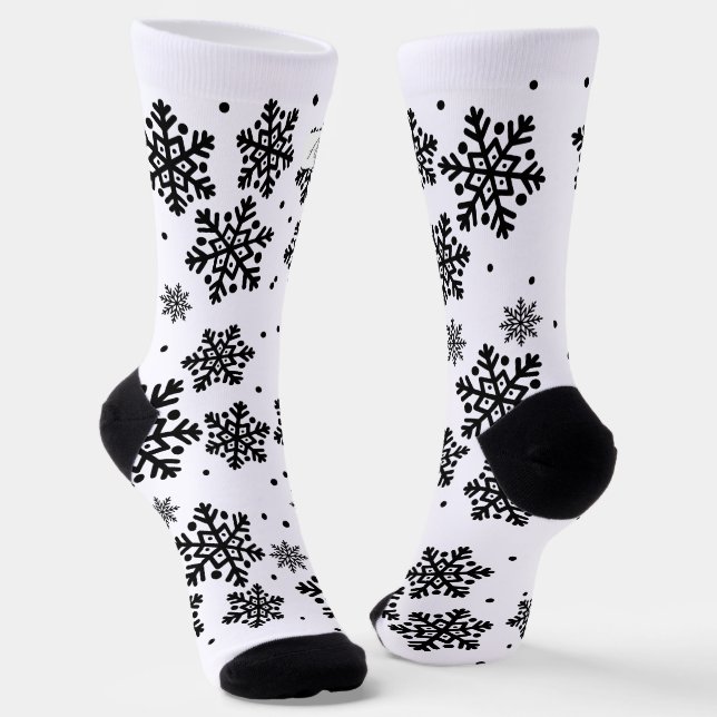Personalized Text White & black Snowflake pattern  Socks (Angled)
