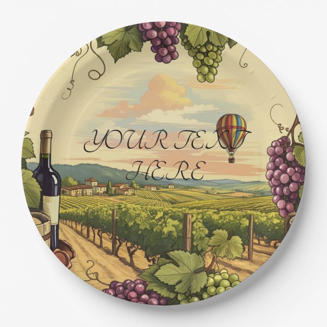 Personalized Text Wine Country Hot Air Balloon Paper Plate (Front)