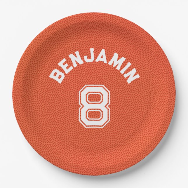 Personalized textured Basketball Kids Party Paper Plate (Front)