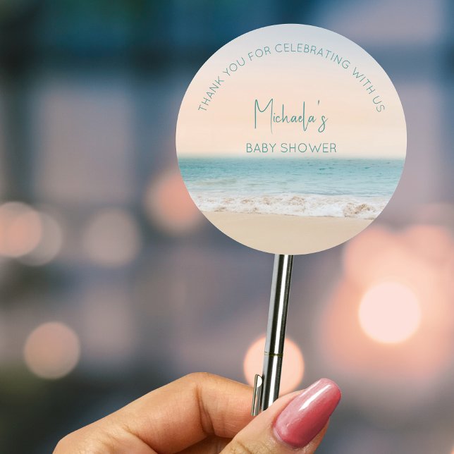  Personalized  Thank You Beach Baby Shower  Classic Round Sticker (Creator Uploaded)