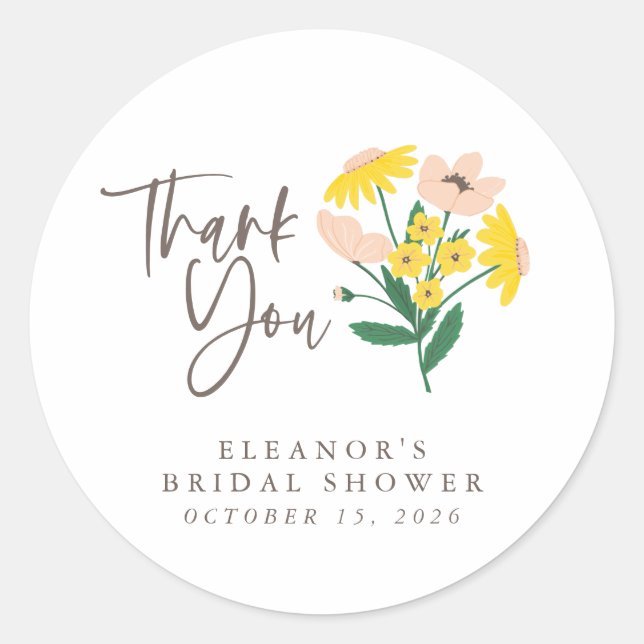 Personalized Thank You Bridal Shower Wildflowers Classic Round Sticker (Front)