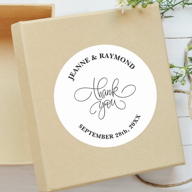 Personalized Thank You Calligraphy Wedding Favour  Classic Round Sticker (Personalized calligraphy thank you sticker adds elegant charm to wedding favors with your names)