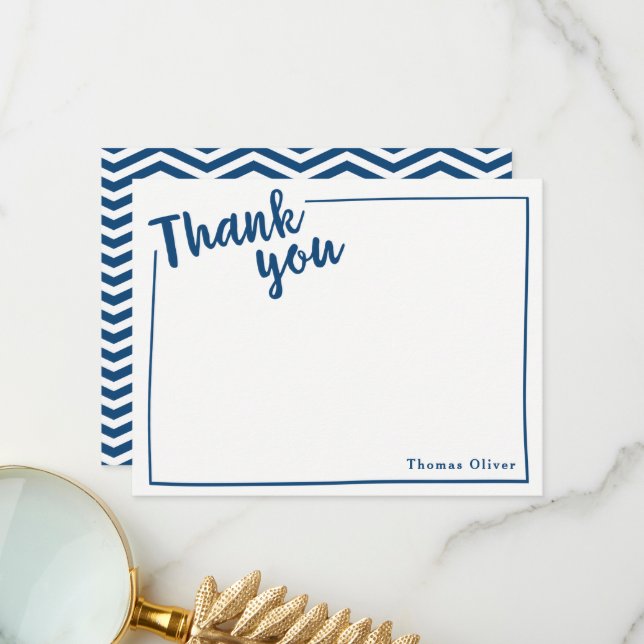 Personalized Thank You Flat Note, Navy Blue Script Card (Front/Back In Situ)