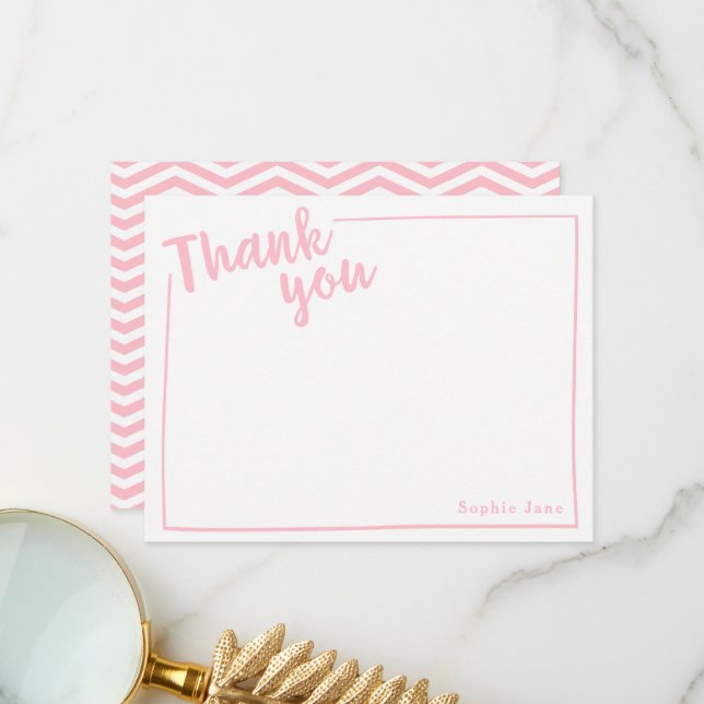 Personalized Thank You Flat Note, Pink Script Card (Front/Back In Situ)