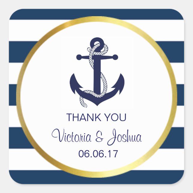 Personalized Thank You Nautical Navy Gold Wedding Square Sticker (Front)