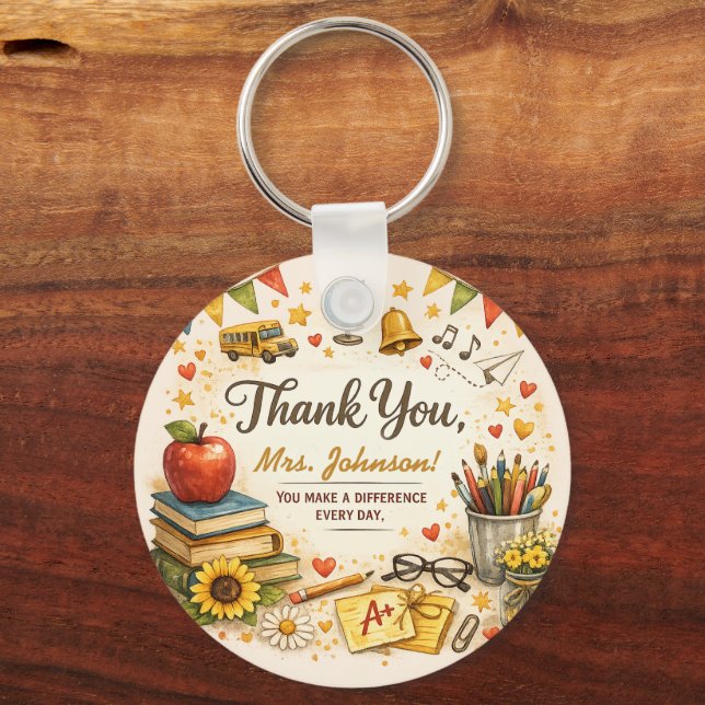  Personalized Thank You Teacher Watercolor Gift Keychain (Front)
