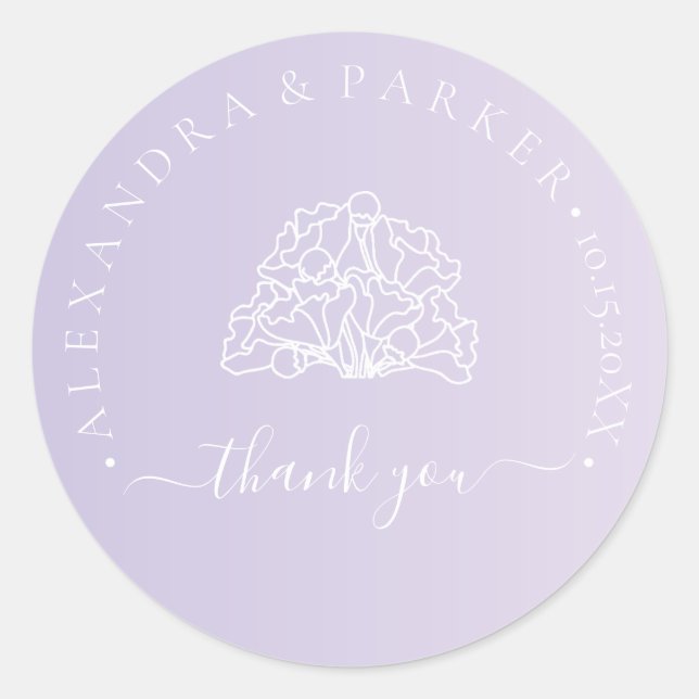Personalized Thank you Wedding Purple Floral Classic Round Sticker (Front)