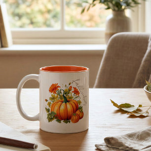 Personalized Thankful Pumpkin Fall Floral Two-Tone Coffee Mug