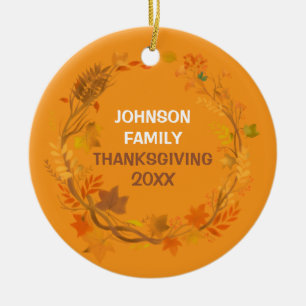 Personalized Thanksgiving Family Autumn Wreath Ceramic Ornament