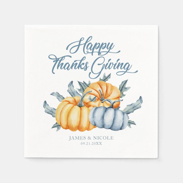 Personalized Thanksgiving pumpkin watercolor Napkin (Front)