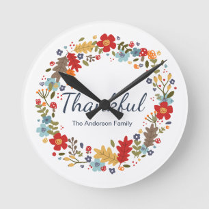 Personalized Thanksgiving Thankful Fall Round Clock