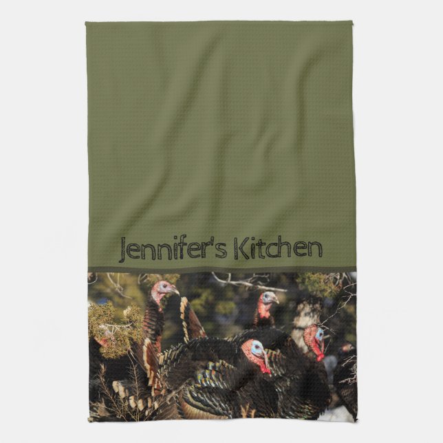 Personalized Thanksgiving Turkey Green Kitchen Towel (Vertical)