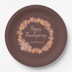 Personalized Thanksgiving Watercolor Fall Leaves Paper Plate