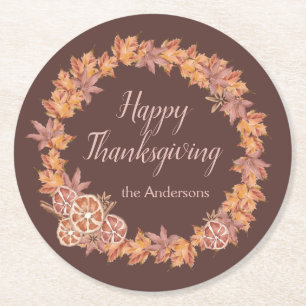 Personalized Thanksgiving Watercolor Fall Leaves Round Paper Coaster