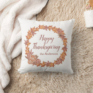 Personalized Thanksgiving   Watercolor Fall Leaves Throw Pillow