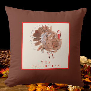Personalized Thanksgiving Watercolor Turkey Throw Pillow