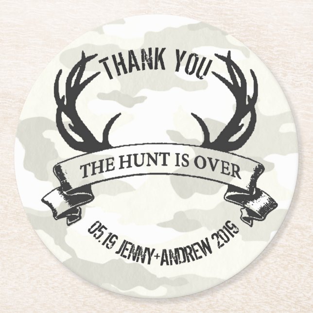 Personalized "The Hunt is Over" Rustic Wedding Round Paper Coaster (Front)