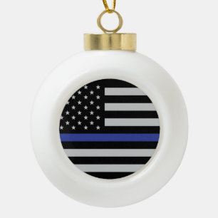 Personalized Thin Blue Line American Flag Ceramic Ball Christmas Ornament