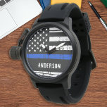 Personalized Thin Blue Line American Flag Police Watch<br><div class="desc">Thin Blue Line Police Watch - American flag design in Police Flag colours, distressed design . Lovely gift to your favourite police or law enforcement officer. Great police retirement gift or appreciation gift. Personalize with name. COPYRIGHT © 2020 Judy Burrows, Black Dog Art - All Rights Reserved. Personalized Thin Blue...</div>