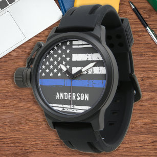 Personalized Thin Blue Line American Flag Police Watch