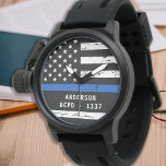 Personalized Thin Blue Line Badge Number Police Watch<br><div class="desc">Celebrate and show your appreciation to an outstanding Police Officer with this Thin Blue Line Police Watch - American flag design in Police Flag colours, distressed design . Perfect for service awards and Police Graduation gifts or police retirement gifts. Personalize with badge number. COPYRIGHT © 2020 Judy Burrows, Black Dog...</div>