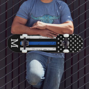 Personalized Thin Blue Line Flag Monogram Police  Skateboard