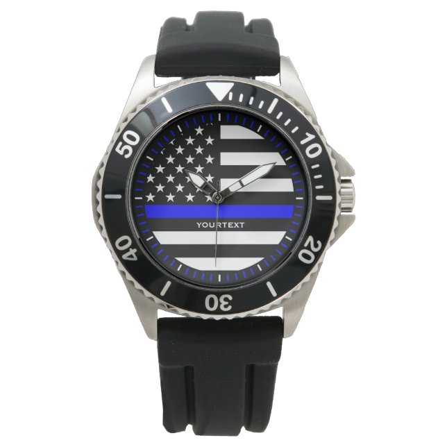 Personalized Thin Blue Line Graphic on a US Flag Watch (Front)