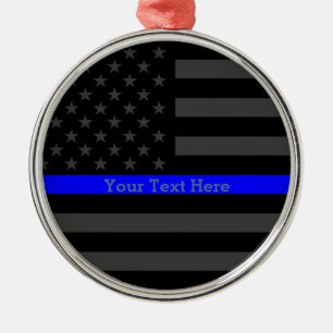 Personalized Thin Blue Line Grey US Flag Keepsake Metal Ornament