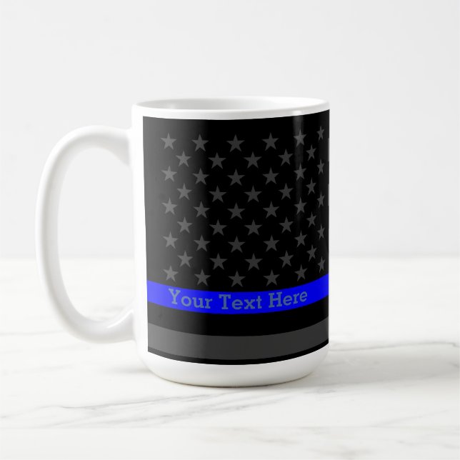 Personalized Thin Blue Line Grey US Flag Statement Coffee Mug (Left)