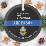 Personalized Thin Blue Line Logo Police Officer Glass Ornament<br><div class="desc">Thin Blue Line Police Department Christmas Ornament - Police Flag colours, modern black and blue design . Customize with your department logo, and personalize with police officers name, title, department logo and badge number. This personalized law enforcement ornament is perfect for police departments and law enforcement officers, stocking stuffers and...</div>