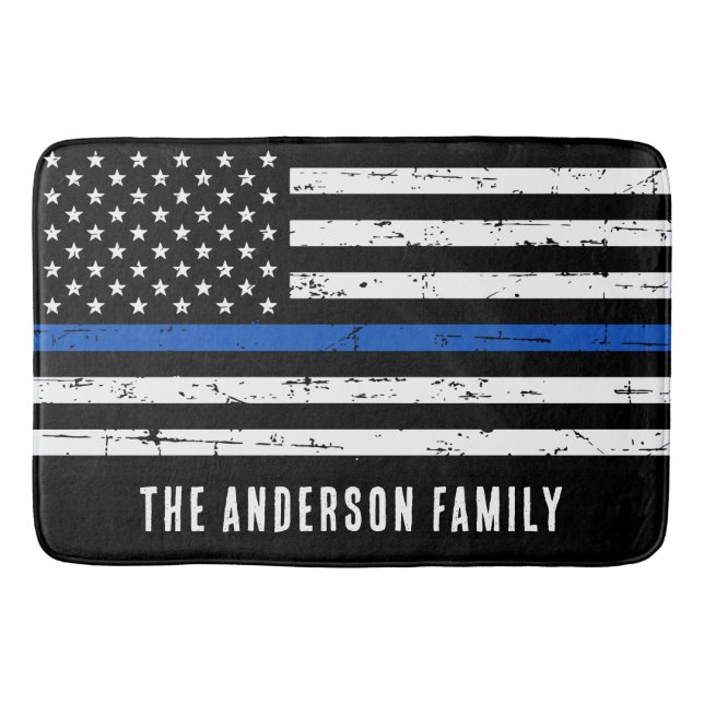 Personalized Thin Blue Line Police Flag Bath Mat (Front)