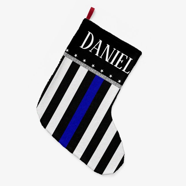 Personalized Thin Blue Line Police Flag Large Christmas Stocking (Front (Hanging))