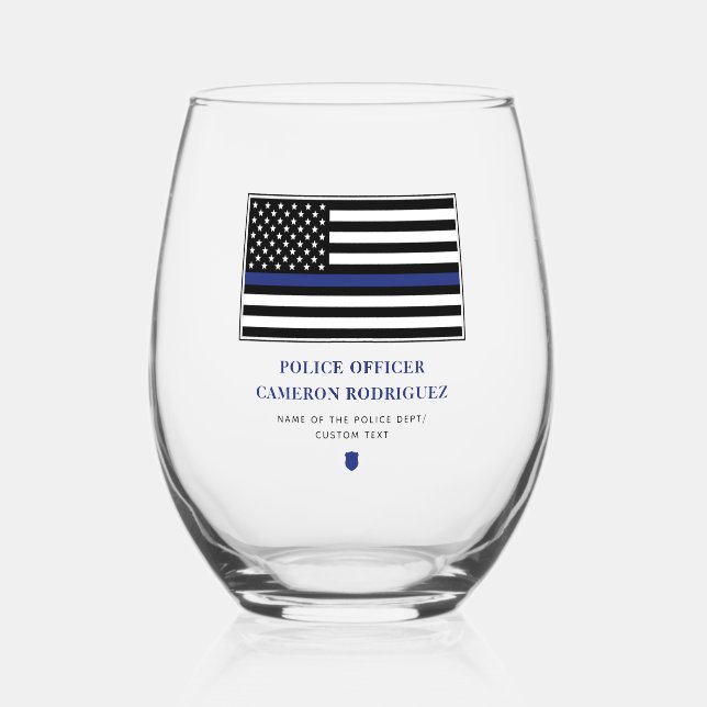 Personalized Thin Blue Line Police Officer Flag Stemless Wine Glass (Front)