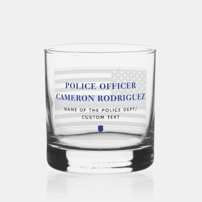 Personalized Thin Blue Line Police Officer Flag Whiskey Glass (Back)