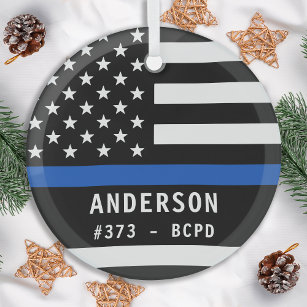 Personalized Thin Blue Line Police Officer Glass Ornament