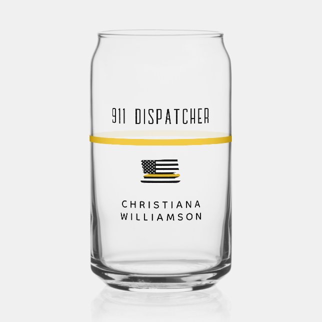 Personalized Thin Gold Line Flag 911 Dispatcher  Can Glass (Front)
